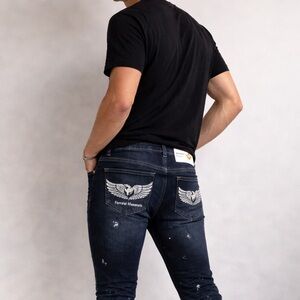 Ferrari Maserarri Dark Wash Distressed Jeans w/ Swarovski Crystals Slim Fit 36